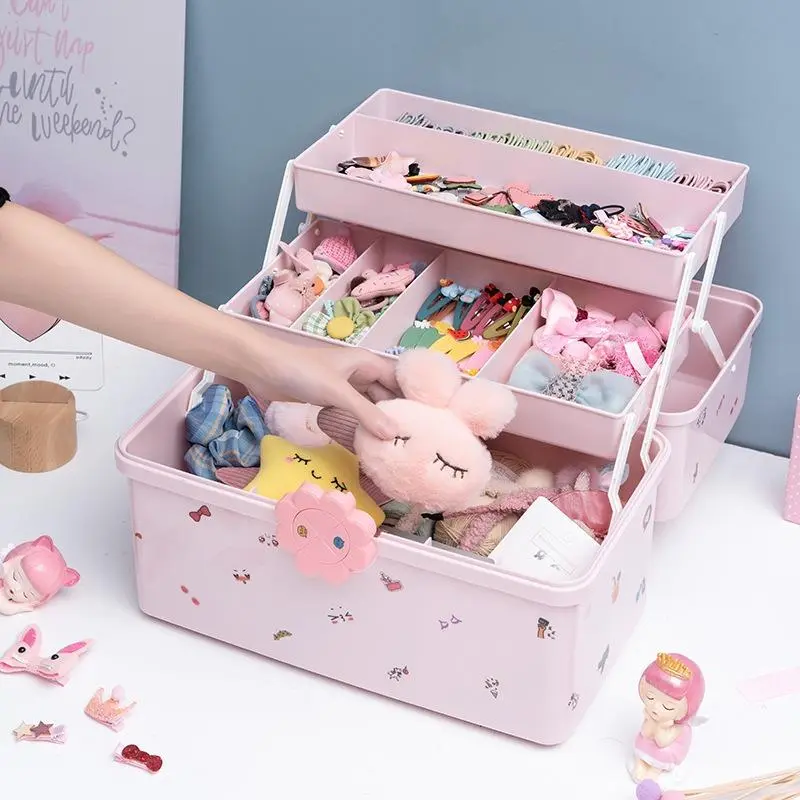 Pink 3-Layer Lockable Flower Design Organizer Box with Latch Cover, Handle & Foldable Plastic Body - Gift for Girls, Keeps Daily Hair Prep Tidy, Stores Headbands, Clips, Scrunchies, Cosmetics, Sewing Supplies, Washi Tape, Boxes