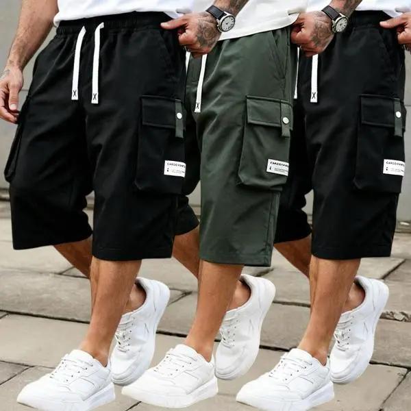3 Pack Men’s Cargo Shorts, 7/8 Length, Summer Drawstring Waist, Large Pockets, Letter Patch Details, Fashionable Casual Athletic Shorts,father'sdaygifts