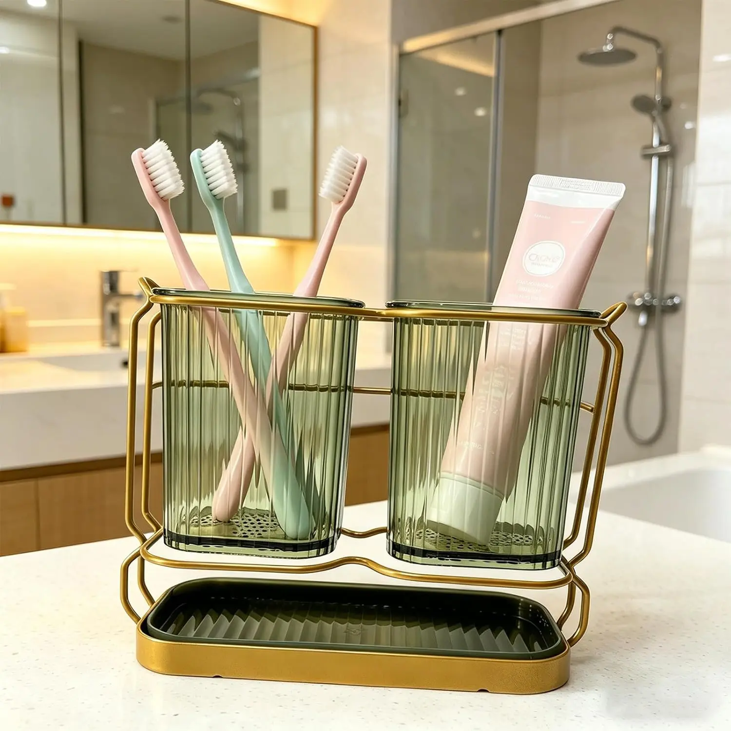 Green Toothbrush Holders for Bathrooms, 2 Cups Toothbrush Holders Wall Mounted, Organizers and, Toothbrush Holder Set for Toothpaste Razors Toothbrush