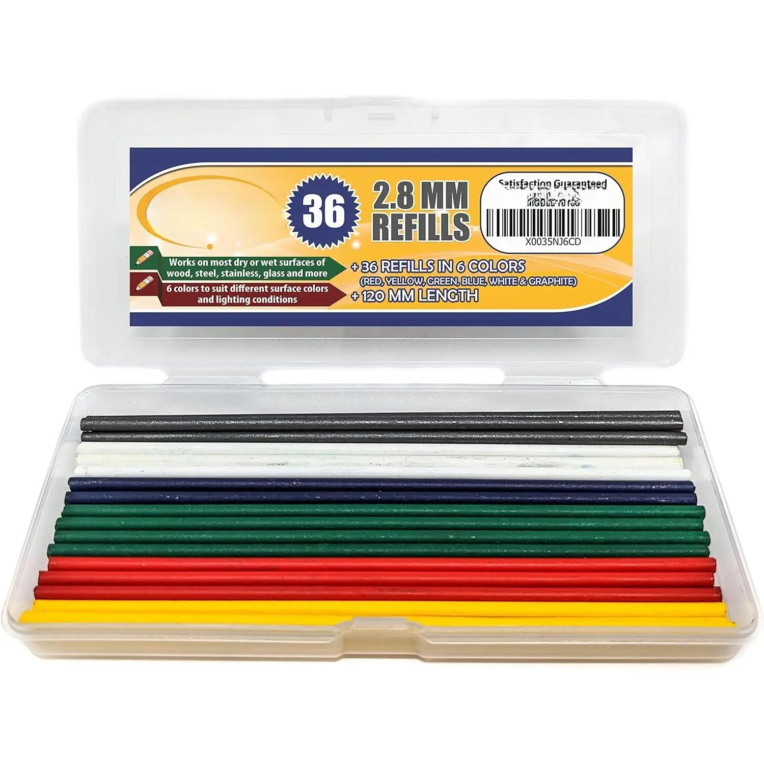 36 Colored 2.8 mm Lead Refills, 6 Colors, Deep or Long /Nose | Nib Pencil Refills in Red, Yellow, Green, Blue, White, & Black