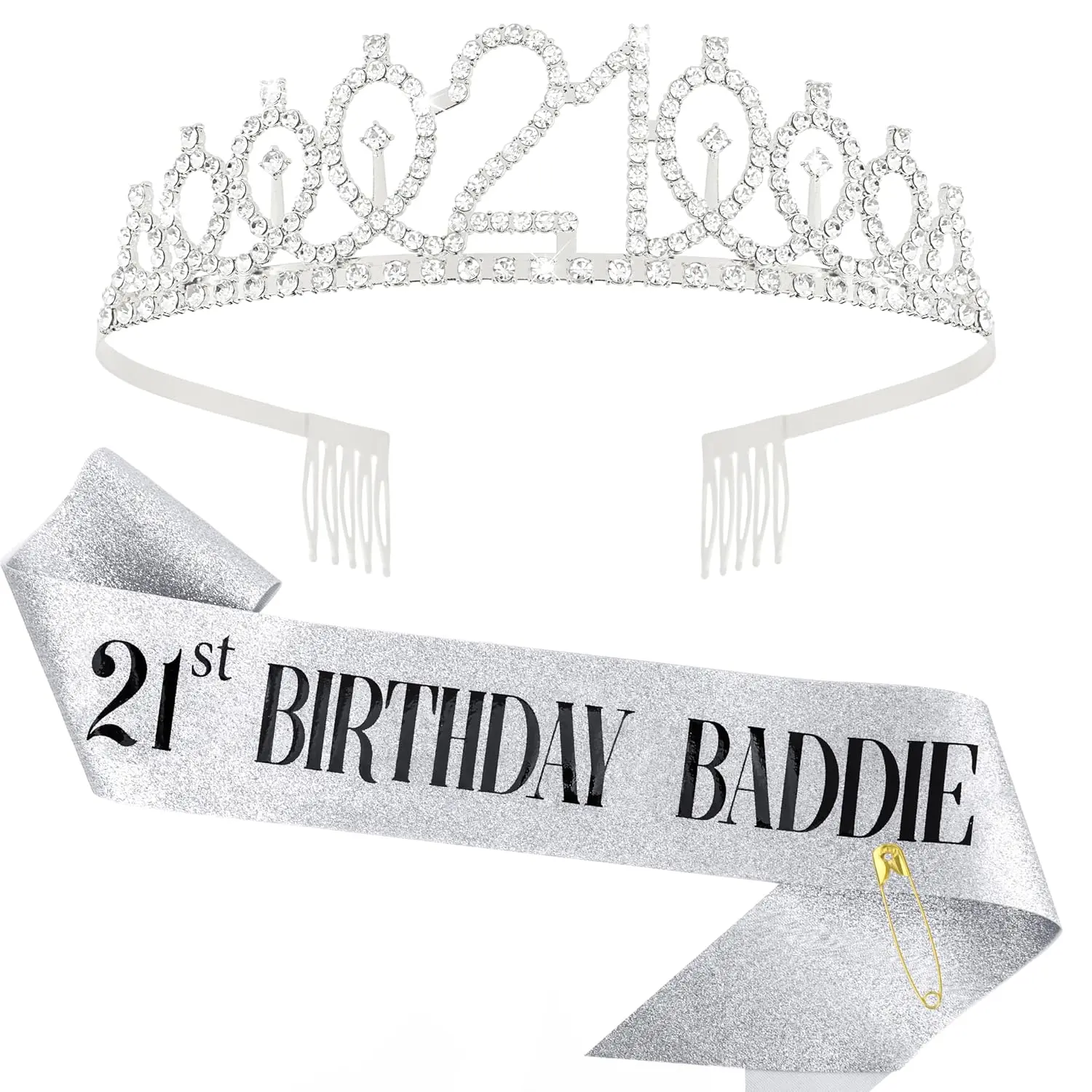 21st Birthday Baddie Sash and Crown- Black Glitter Sash with  Foil Birthday Sash for Women and Men Funny 21st Party Decorations Baddie Accessories
