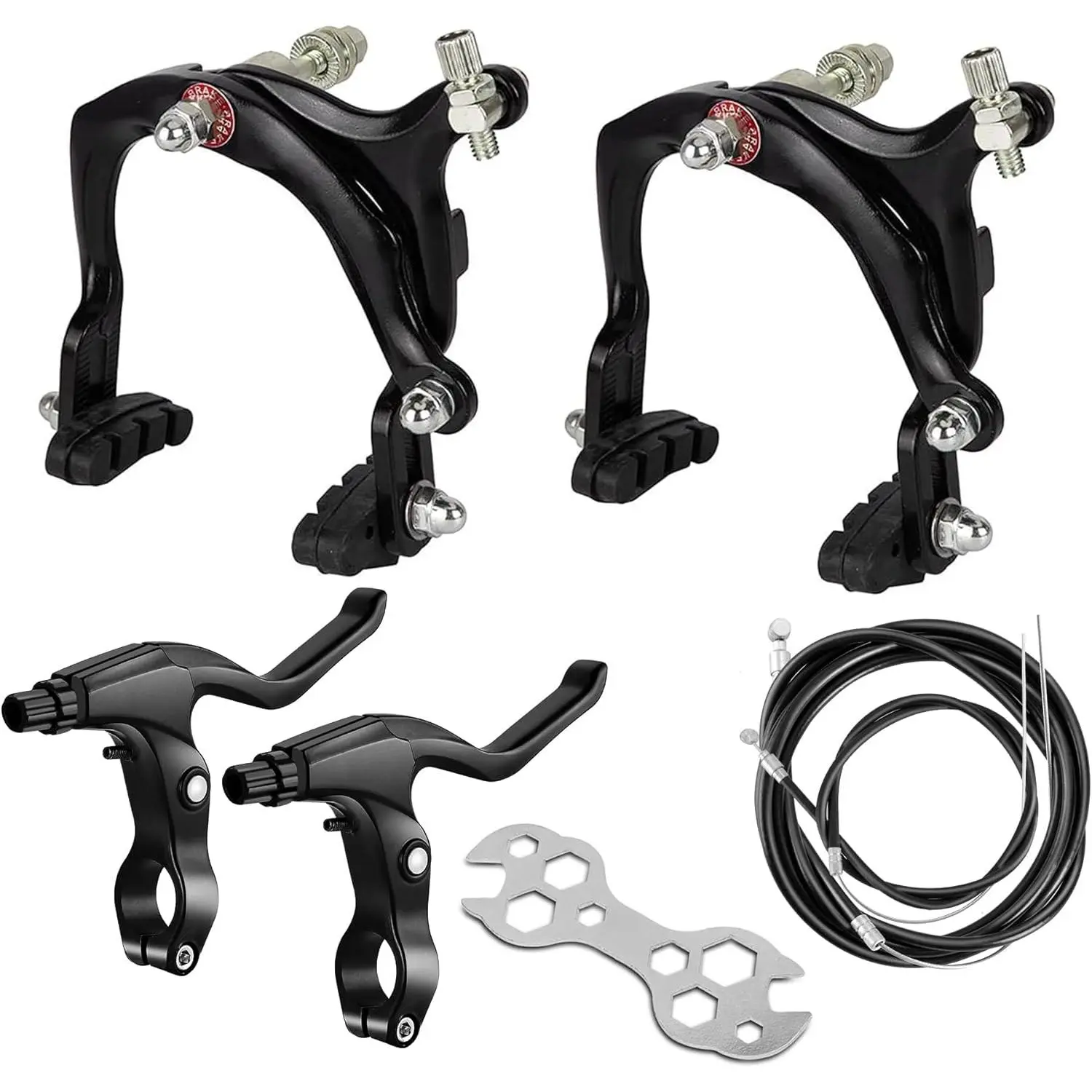 Black Front and Rear C Bike Brakes Calipers Kit 65-79mm Long-Reach with Brake Pads Levers Cables fits Road MTB BMX Bicycle