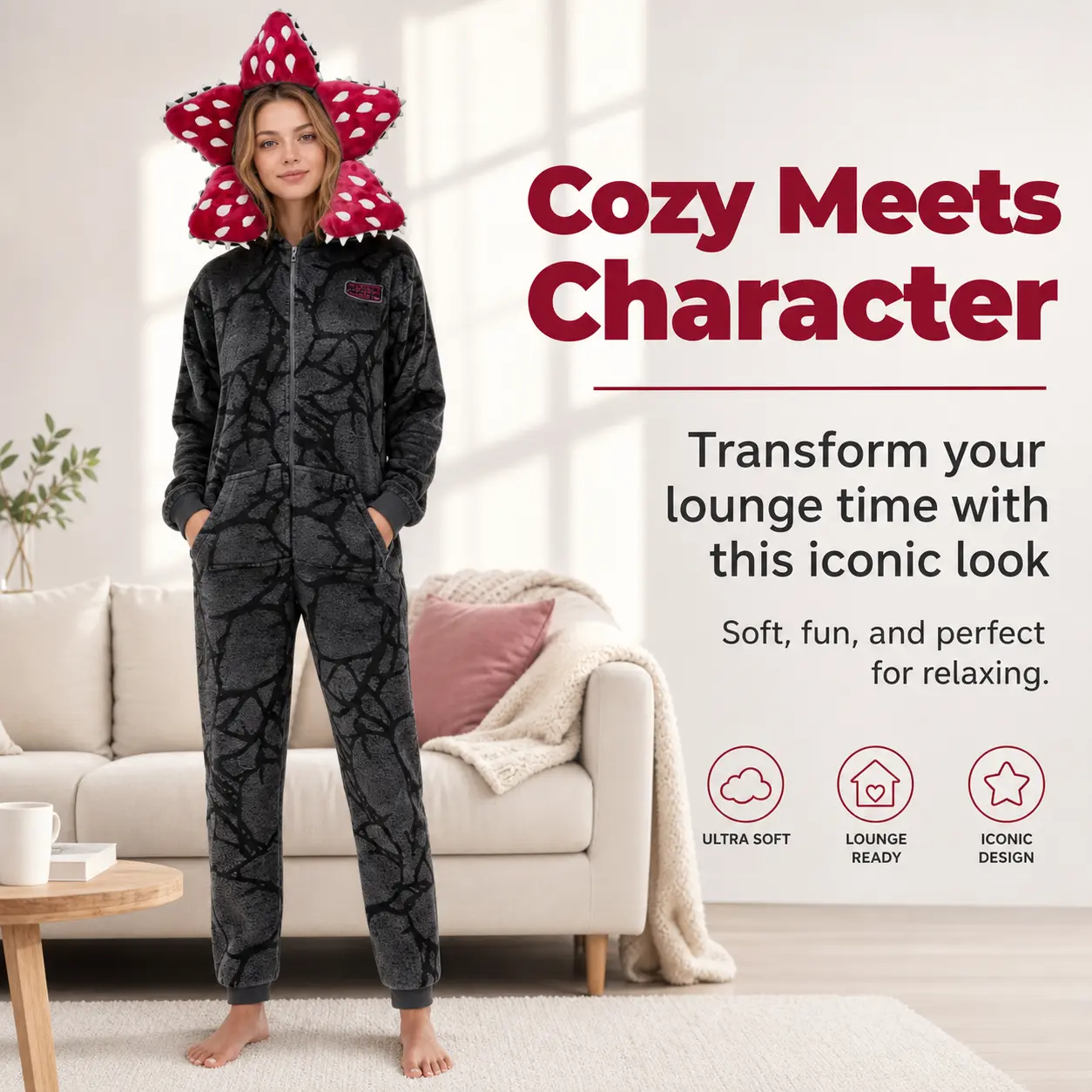 Matching Family Demogorgon Thick Long-Sleeve Flower Flannel Hooded Jumpsuit Pajamas, Crack Print Full-Zipper Horror Monster Cosplay Costume, Kids-Adults Halloween Party Clothes