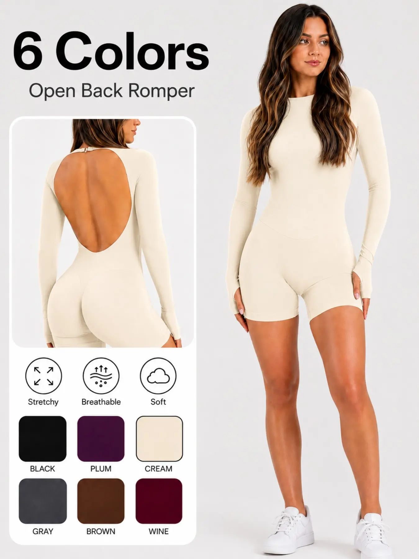 Women's Long Sleeve Backless Romper, Shaping One-Piece Sports, Yoga Fitness Short Romper, Comfortable and Stylish Activewear