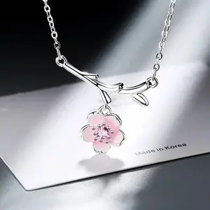 S925 sterling silver women's pink cherry blossom pendant necklace (40cm +3.5cm) luxury jewelry