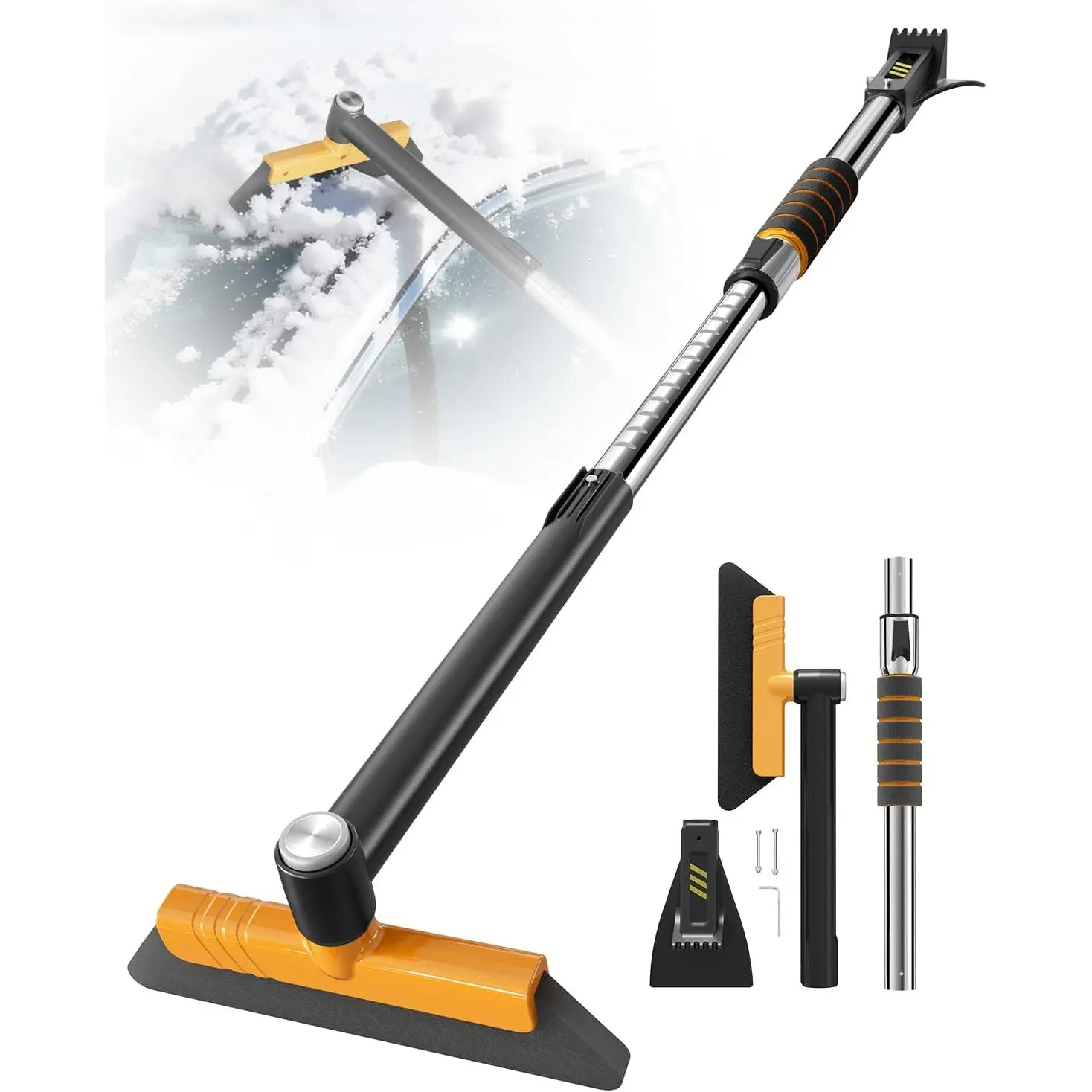 43.7" Extendable Ice Scrapers for Car Windshield for 12 Adjustable Length Settings with Foam Grip and 360 °   Pivoting Brush Head Detachable Snow Brush for Truck
