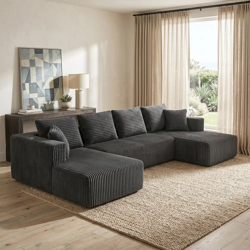132-Inch Sturdy Durable Modular U-Shaped Corduroy Sofa with Fixed Arms, Double Chaise & Oversized Deep Seat, Comfy Couch for Living Room Watch Party, Gray