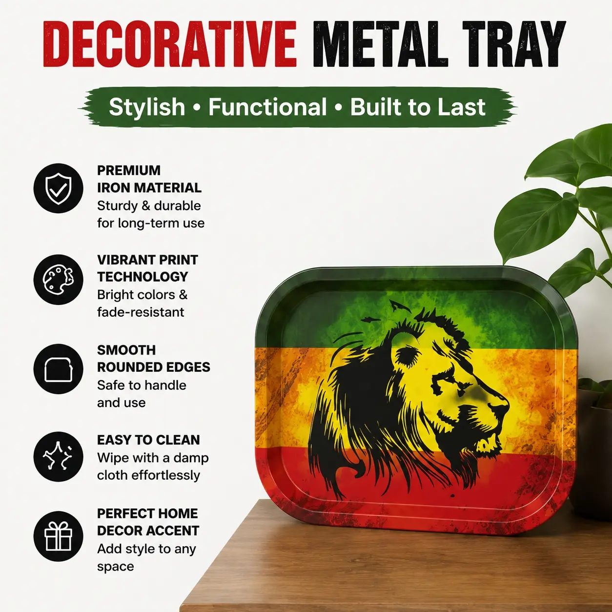 1Pc Decorative Tray for Home, Rolling Tray with Vibrant Colorful Lion Print Design, Iron Metal Serving Plate, Unique Decorative Accent, Display Stand, Desk Organizer, Art Display, Home Decor Accessory