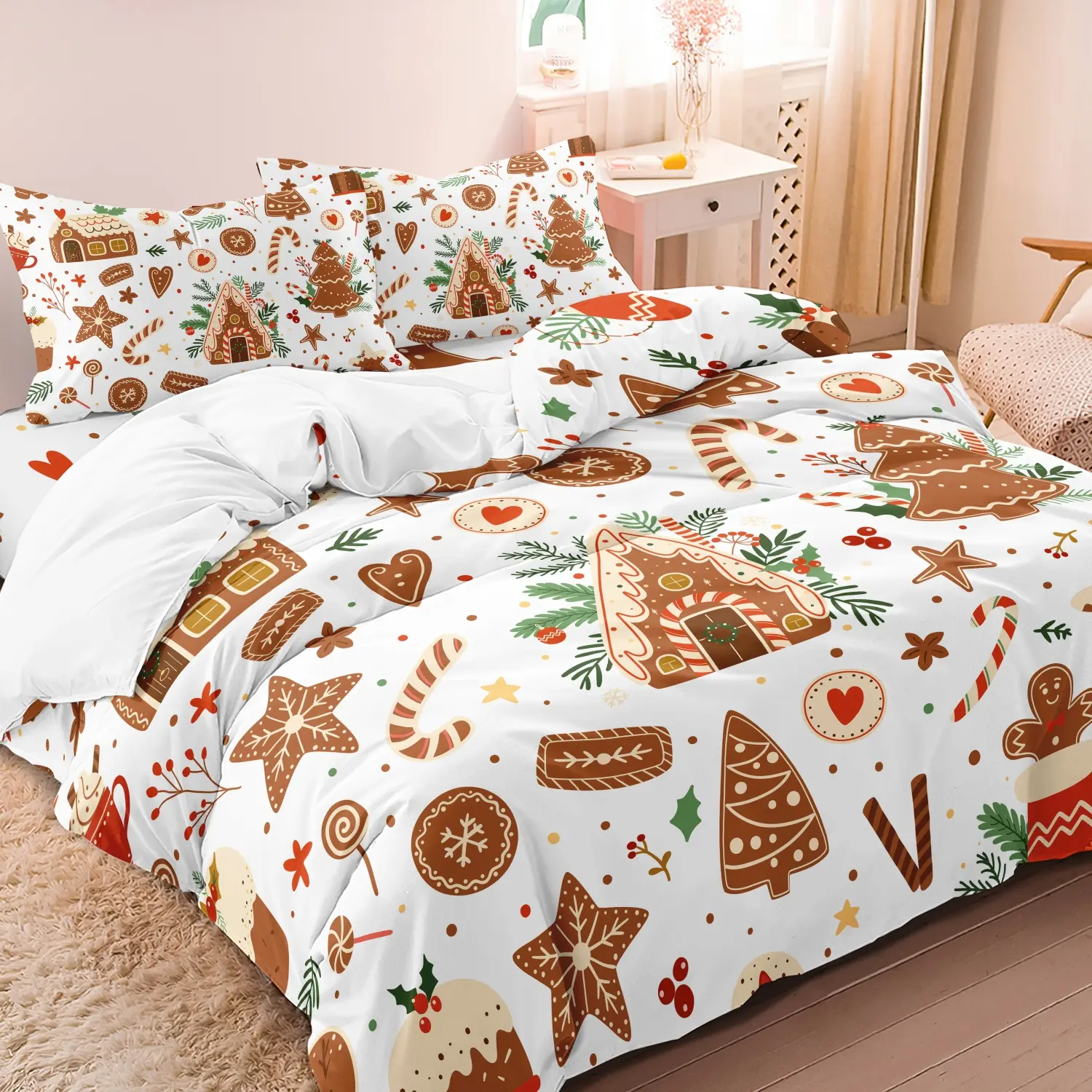 3 Pieces Cute Gingerbread Christmas Print Duvet Cover Set, Cookie House Candy Cane Xmas Tree Printed Bedding, Cozy Bedding Set, For Bedroom Home Decoration, Multiple Sizes Available (1 Duvet Cover + 2 Pillowcases, No Comforter No Pillow)