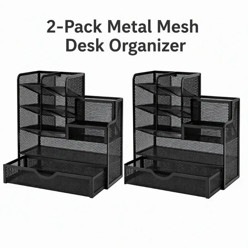 2 Packs Black Metal Mesh Desk Organizer with Drawer, Multi-slot Desktop Stationery Storage Holder for Office Supplies