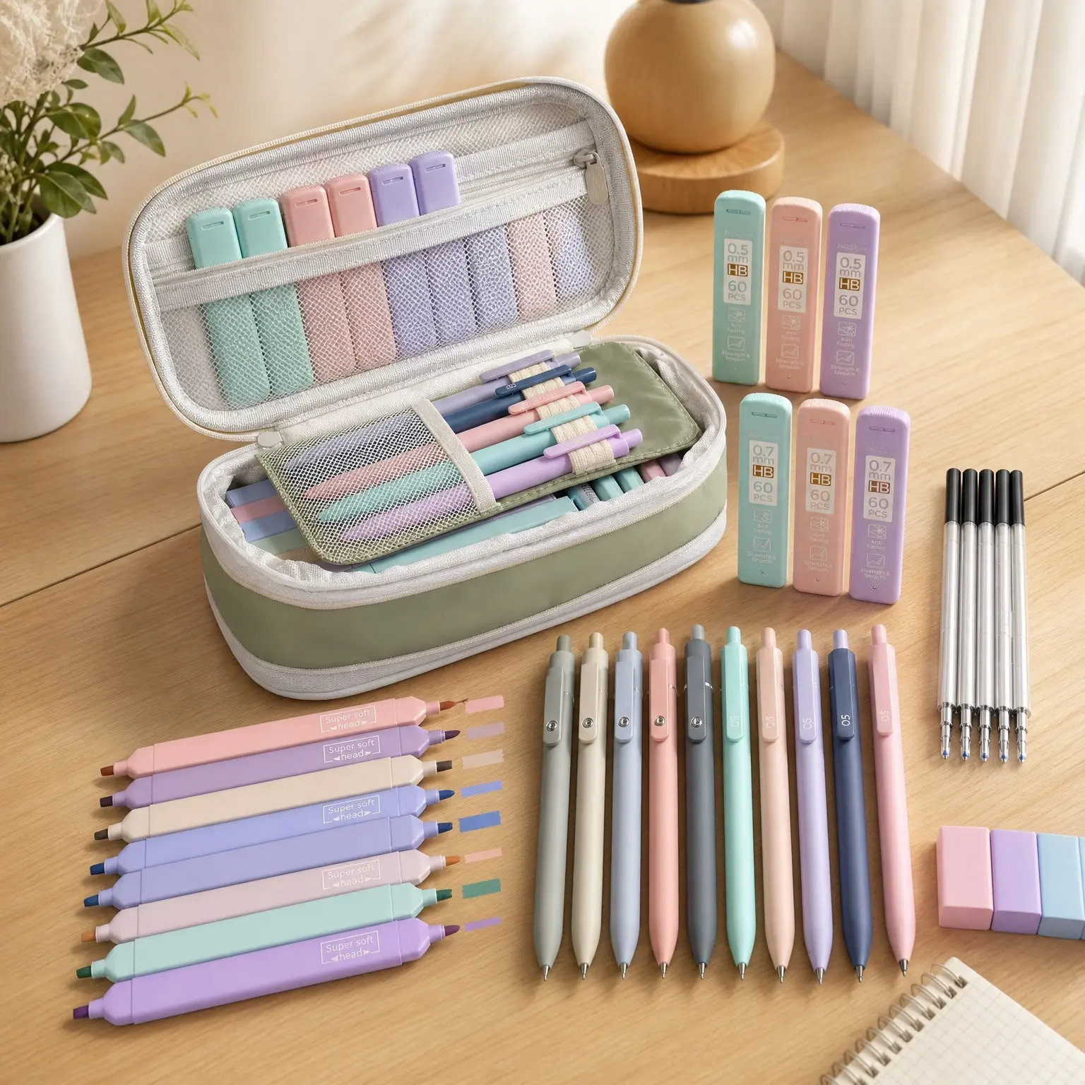 Aesthetic 39 PCS Green School Supplies Set with Pen Case, 12 Highlighters, 5 Gel Pens, 6 Mechanical Pencils, Essentials for College & Nursing StudentsGift