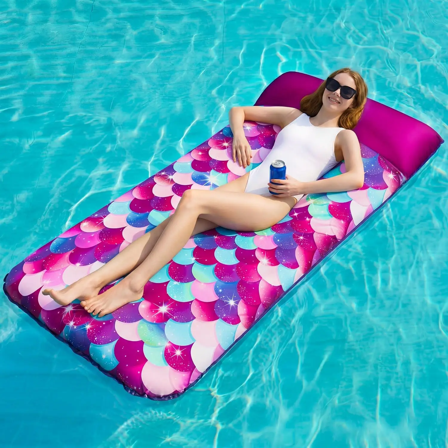 72" Oversized X-Large Fabric Covered Pool Float Lounge for Adults, Mermaid Scales Pool Floaties Raft with Headrest, Floating Mat for Summer Pool Party Decorations Supplies