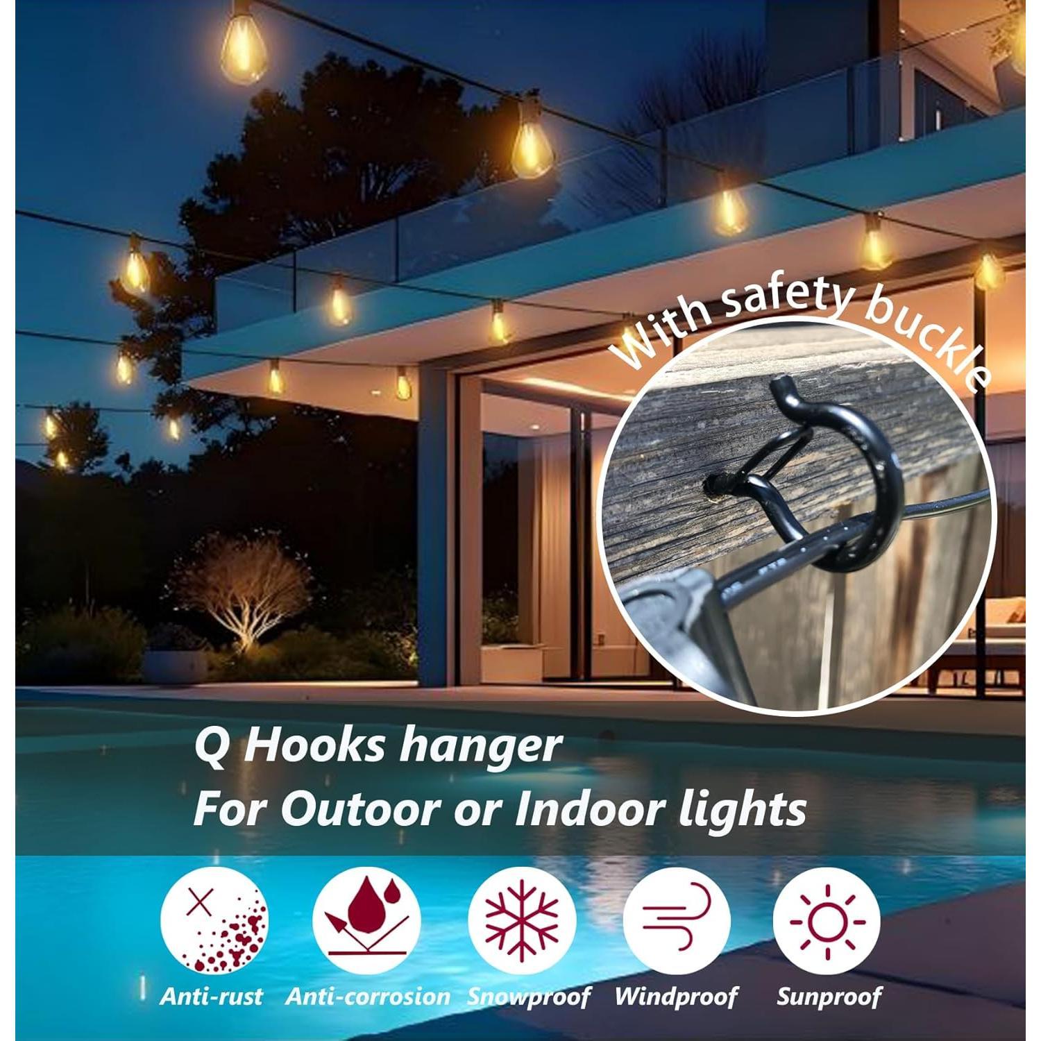 String Lights Screw Hooks for , Ceiling Hooks for  Solar,Outdoor String Lights,  Hangers Outdoor with Safety Buckle Design for Backyard Porch Patio - 55 Pack, Black