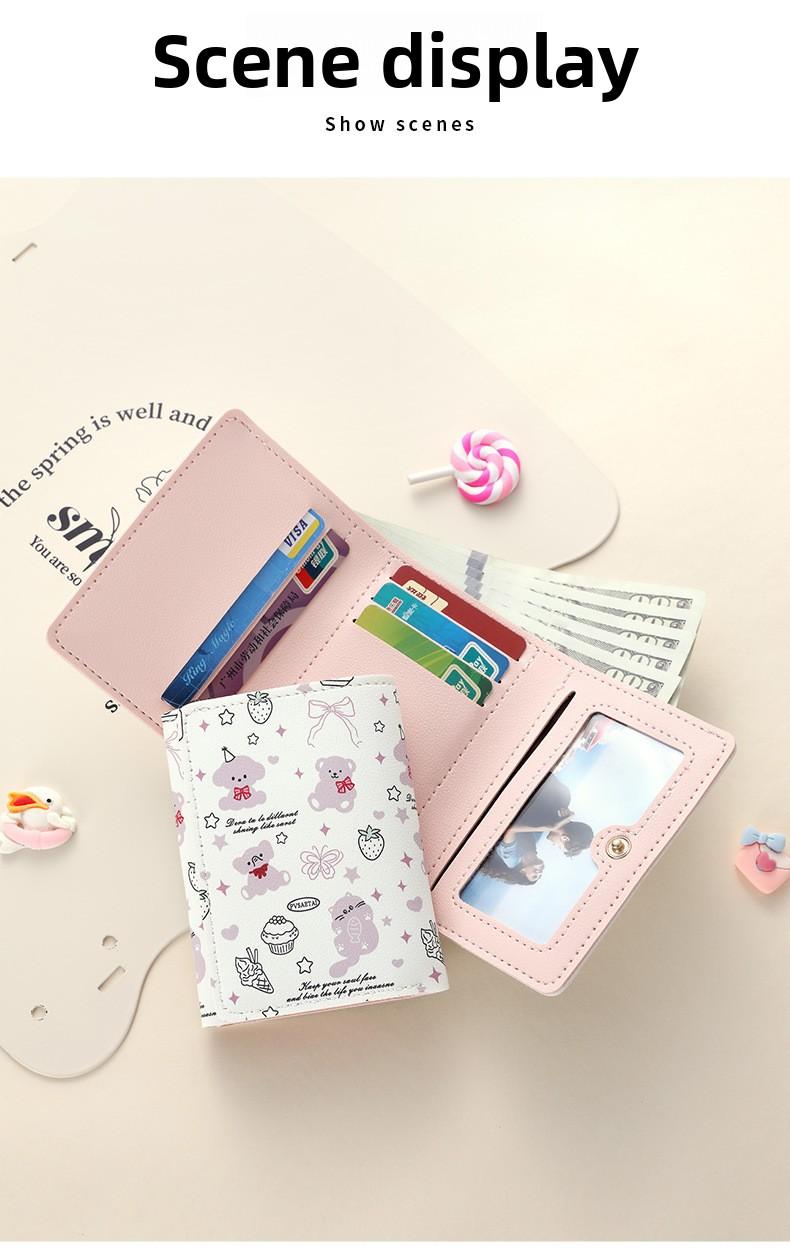 Strawberry Bear Print Wallet for Women Cute 3-Fold Short PU Leather Purse with Card Slots ID Window Portable Coin Purse for Everyday Carry