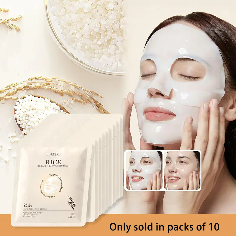 10 Pcs Rice Ferment Collagen Jelly Mask, Transparent Hydrogel Facial Sheet Mask Infused with Rice Protein & Hyaluronic Acid, Hydrate, Brighten & Soften All Skin Types, Glowing Facial Mask