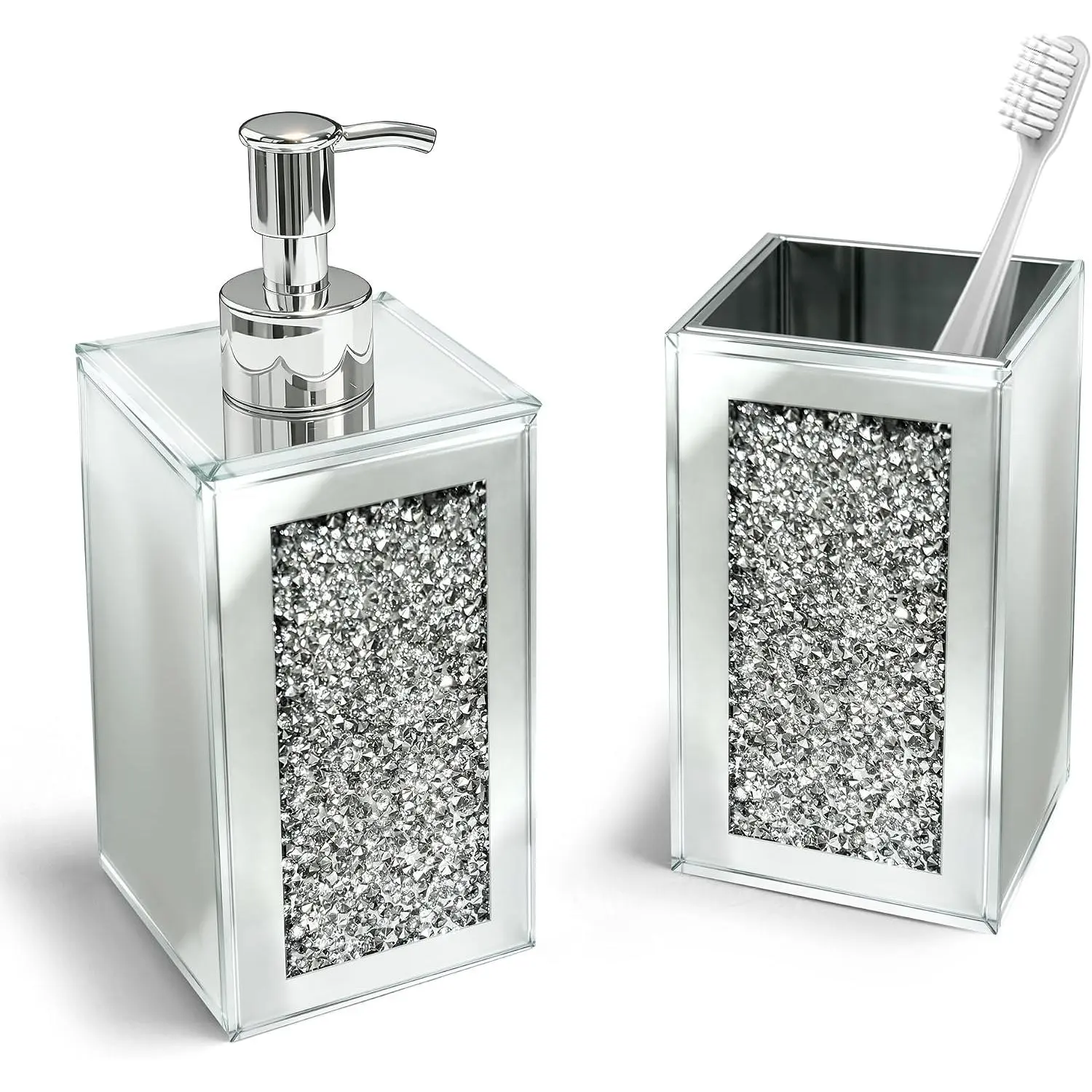 Silver Glass Bathroom Accessories Set (2-Pack) - Square Soap Dispenser & Toothbrush Holder with Mirror Finish, Diamond Accents, Modern Vanity Countertop Decor for Bathroom Supplies
