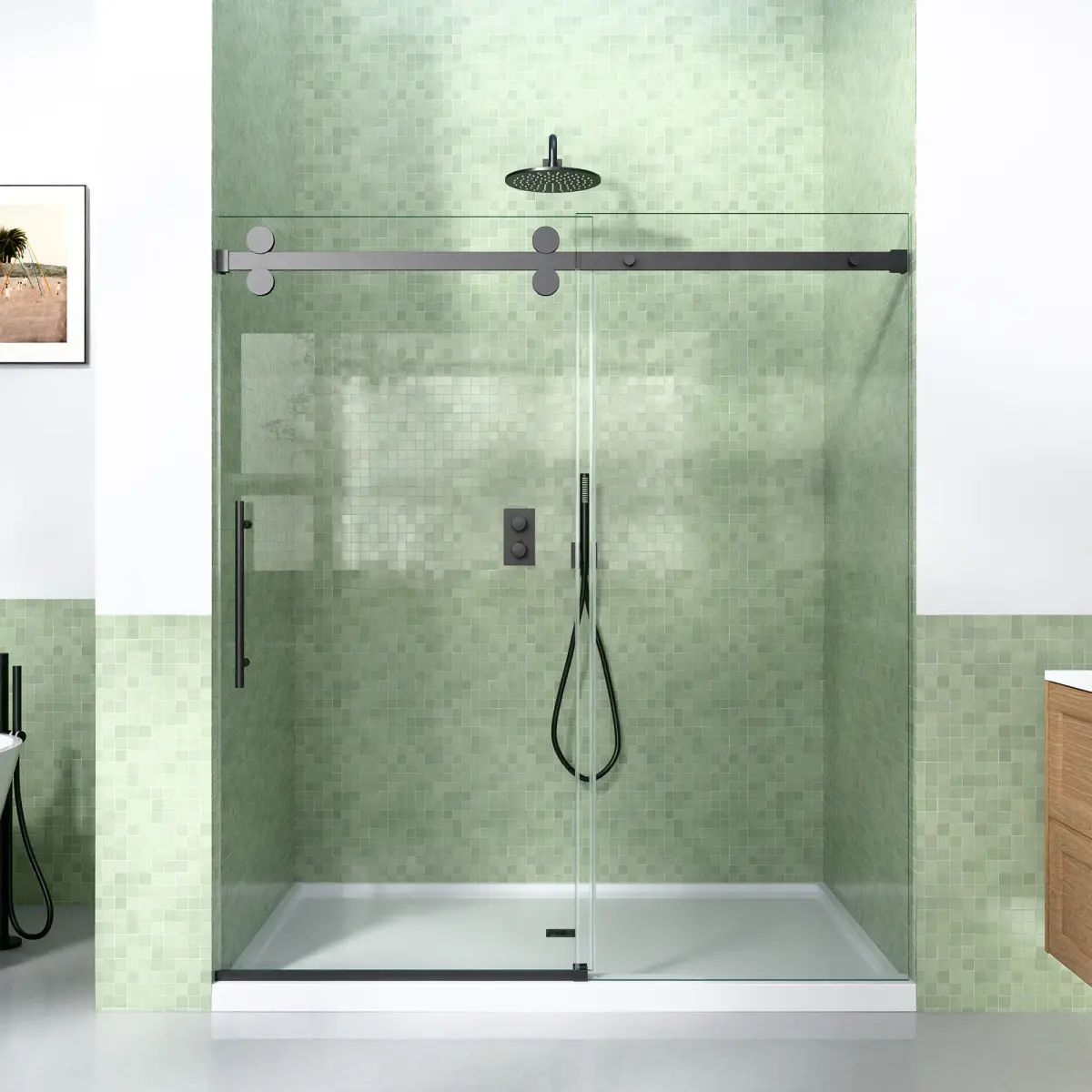 Frameless Sliding Shower Enclosure (56-60"x72") - 8mm Thick SGCC Tempered Safety Glass, Matte Black Finish, Stainless Steel Hardware, Easy-Clean Surface, Space-Saving Indoor Furniture Design, Tempered Glass