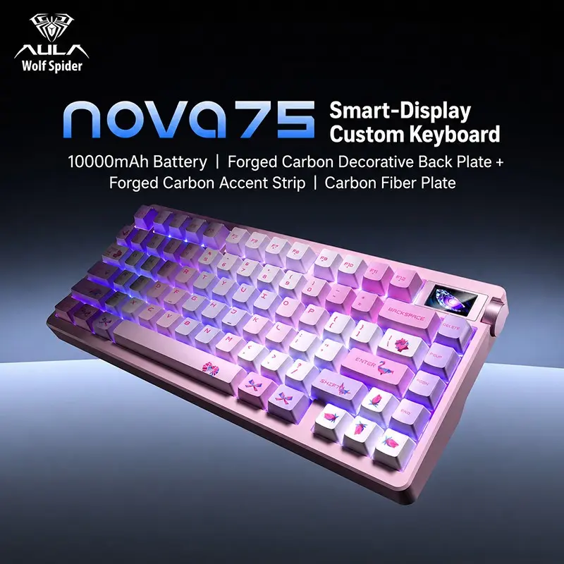 Aula Nova 75 Gaming Mechanical Keyboard, Triple Mode 80 Keys, Hot Swappable, HD Smart Screen with Knob, RGB Lighting, Light Up Keyboard, Illuminated Mechanical Keyboard, Compatible Windows/MAC/iOS, USB-C/ BT/ 2.4GHz