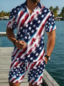 American Flag Pattern Men's Short Sleeve Shirt and Shorts Set, Summer Casual Beachwear Two-Piece, Contemporary Style, All Seasons