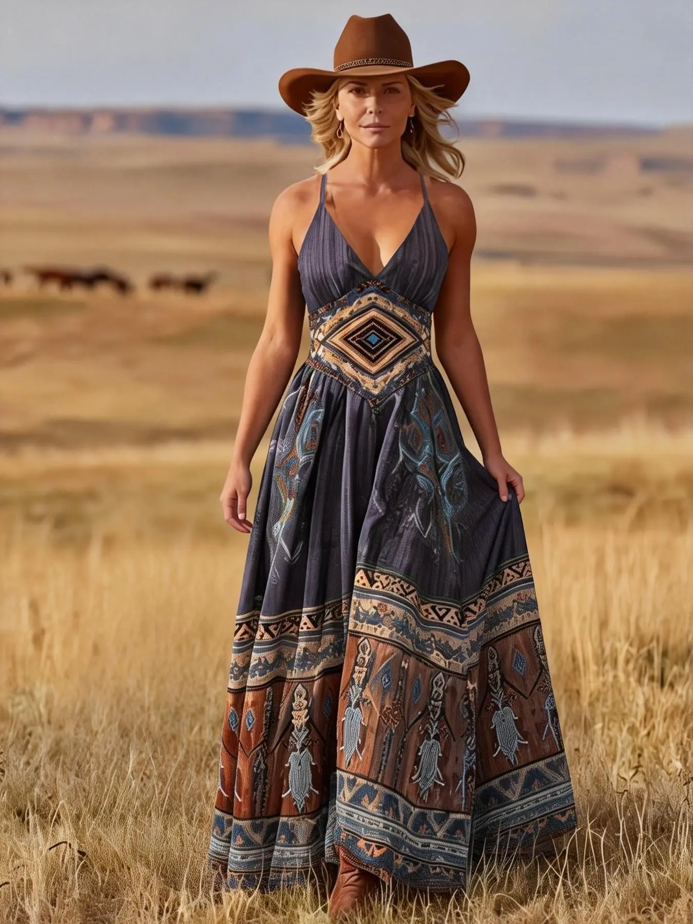 Vintage Western Style Halter Neck V-Neck Long Dress, Bohemian Ethnic Geometric Print Waist Cinch Vacation Dress, Beach Party Dress, Casual Wear, Boho Chic Summer