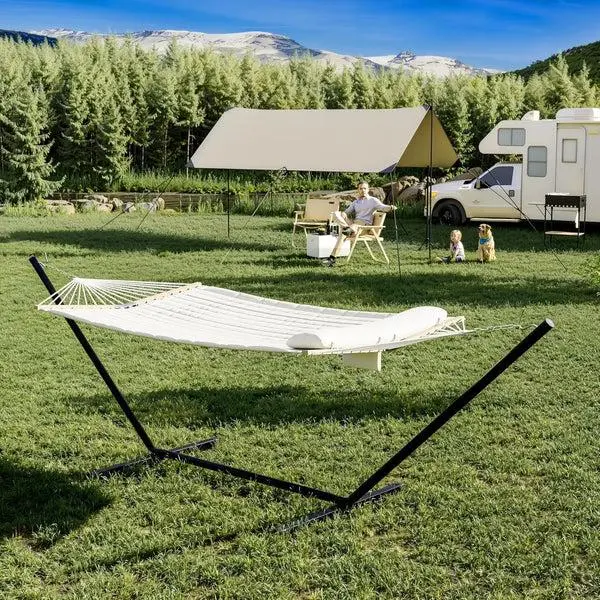 DealsForYouDaysGARVEE 2-Person Double Hammock with Portable Steel Frame & Comfort Pad – Heavy Duty 450 lb Capacity, UV-Resistant, Quick Assembly, Collapsible Stand for Indoor, Outdoor, Backyard, Camping