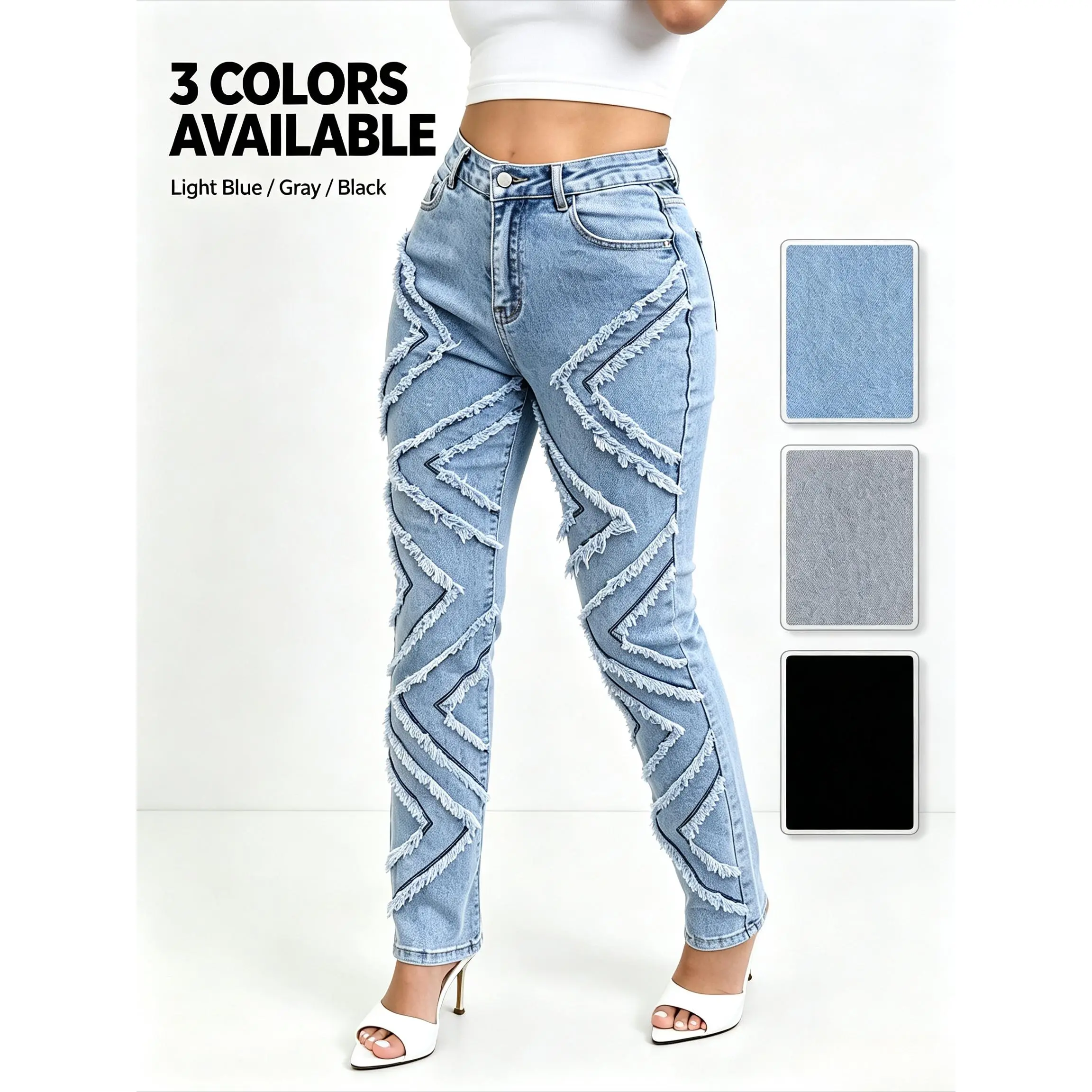 Women Mid Rise Stretch Slim Leg Jeans, Symmetric Chevron Fringe Patchwork Denim Pants, Curvy Casual Denim, 3 Colors Light Blue/Gray/Black, S-XXXL Plus Size