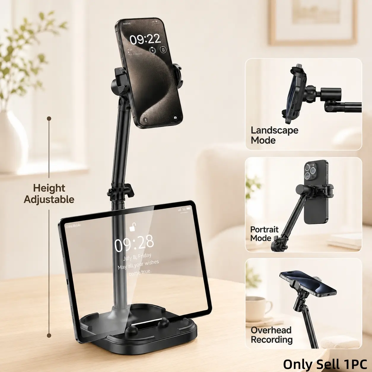 Adjustable Overhead Phone Mount for Desk, Stable Weighted Base Phone Stand with 360° Rotation, Landscape Portrait Mode for Recording, Video Calls, Streaming and Watching