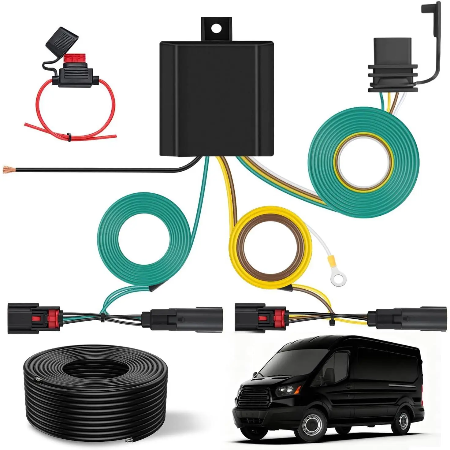 Nilight 4-Pin Trailer Wiring Harness Kit - Pure Copper Wires, ABS Plastic, Corrosion-Resistant, Durable Structure, OEM Compatible, Plug-N-Play, Weather-Resistant, Standard 4-Way Connector for 2015-2024 Ford Transit-150/250/350, E-Transit Hitch, Harness Se