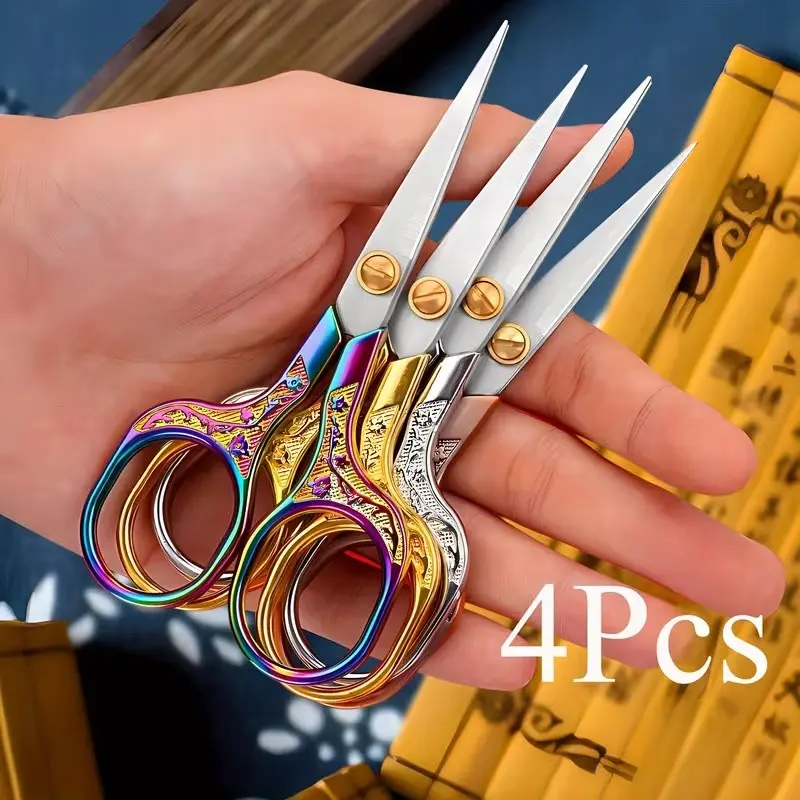 Vintage Scissors Set, 4-Piece Kit, Ideal for Sewing, Embroidery, Fabric Cutting, Home Use, Tea Art, Includes Pet Scissors and Manual Tools