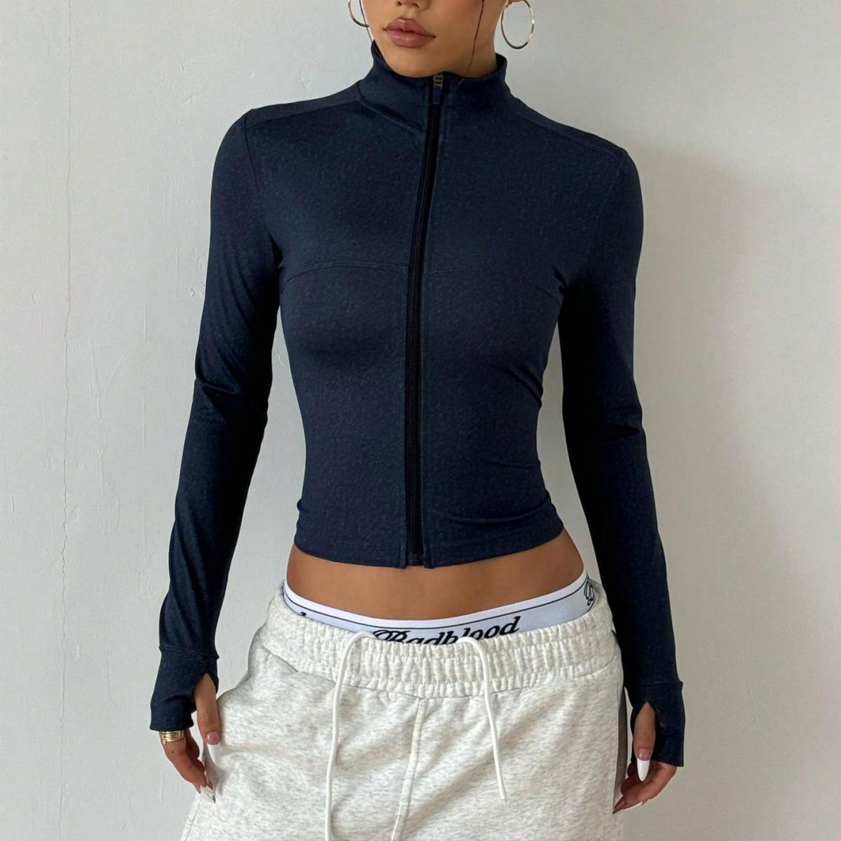 Stretch Navy Athletic Top |   Full Zip Cropped Jacket for Workout & Casual Wear Fitted Silhouette with Thumbholes