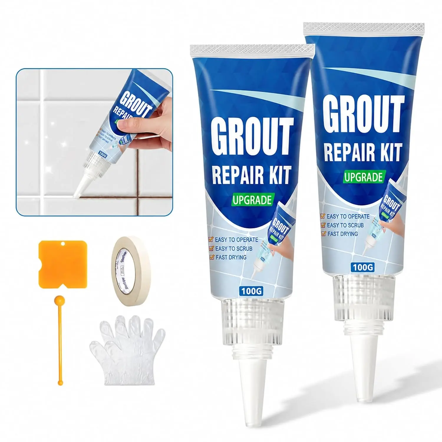 White Tile Grout Repair Kit, 2 Pack  Drying Grout Filler |  drying white grout filler, seals and renews tile joints, ideal for bathroom, kitchen, shower, replaces grout pen