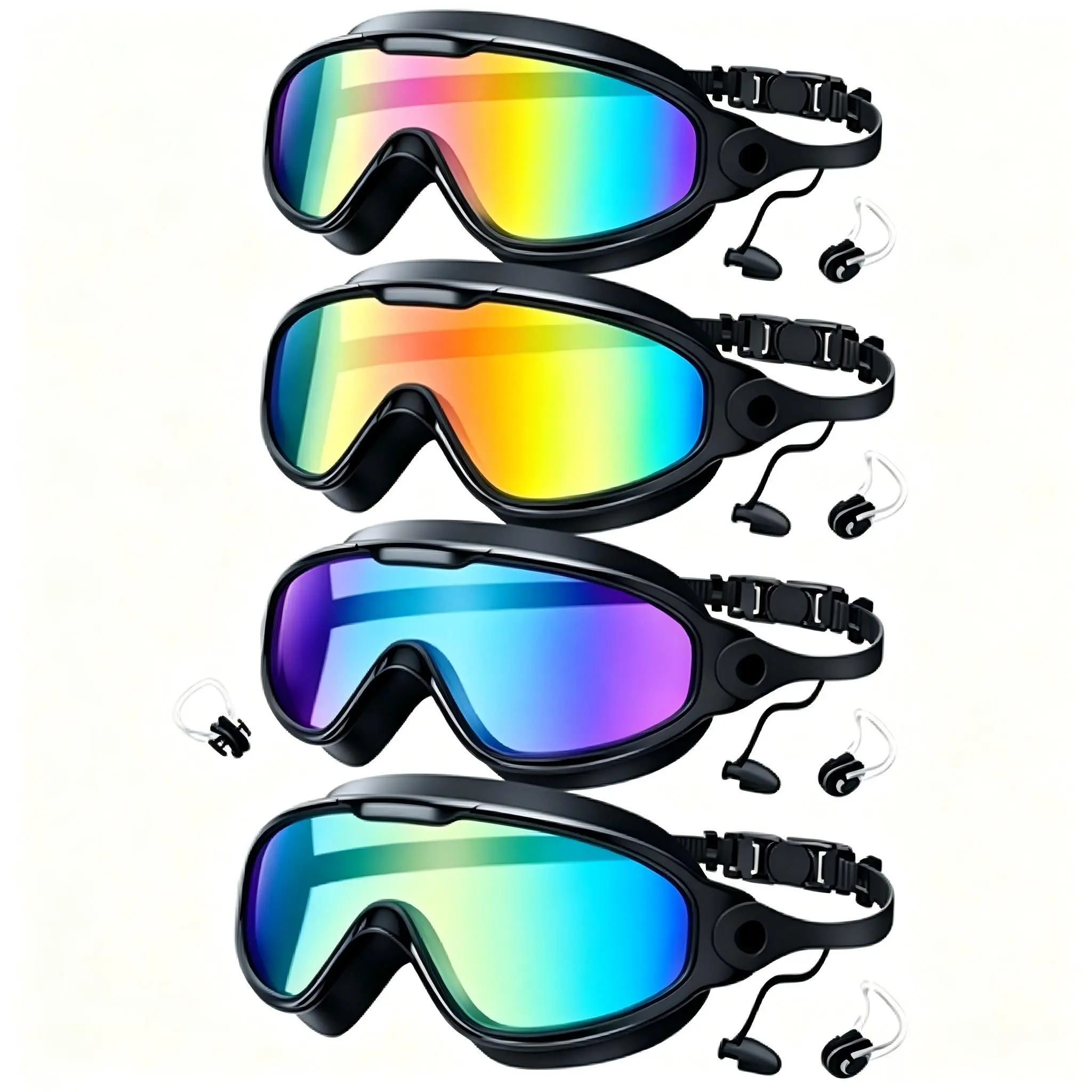 4 Pairs Unisex Large Frame Swim Goggles, UV Protection, Wide Angle Vision, Waterproof Anti-Fog, Includes Earplugs and Nose Clip, Pool Use, Swim Goggles Set, Swimming Goggles