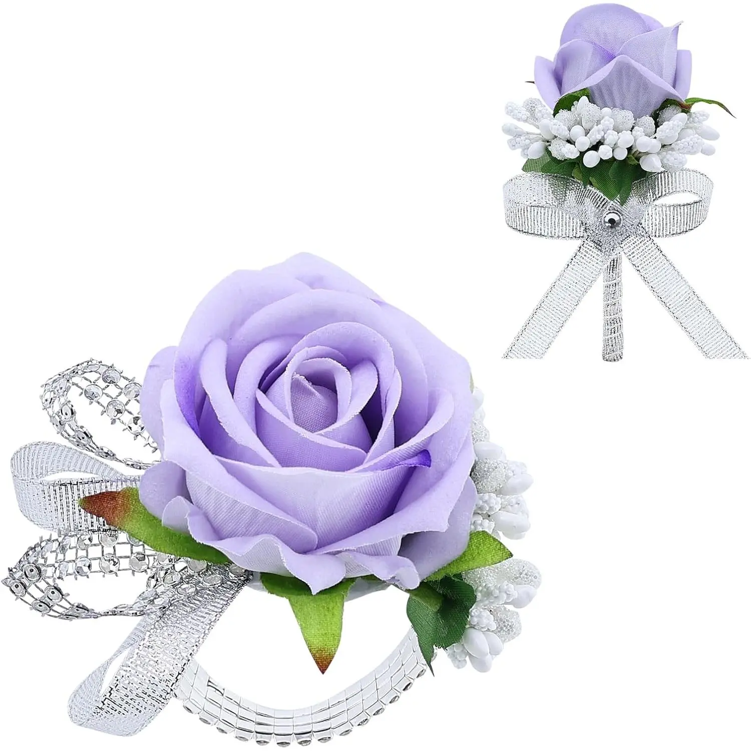 2Pcs Light Purple Rose Corsage and Boutonniere Set, Artificial Wrist Corsage Wristlet Bracelets, Men Boutonniere for Wedding Anniversary Party Homecoming Flowers Accessories Prom Decor