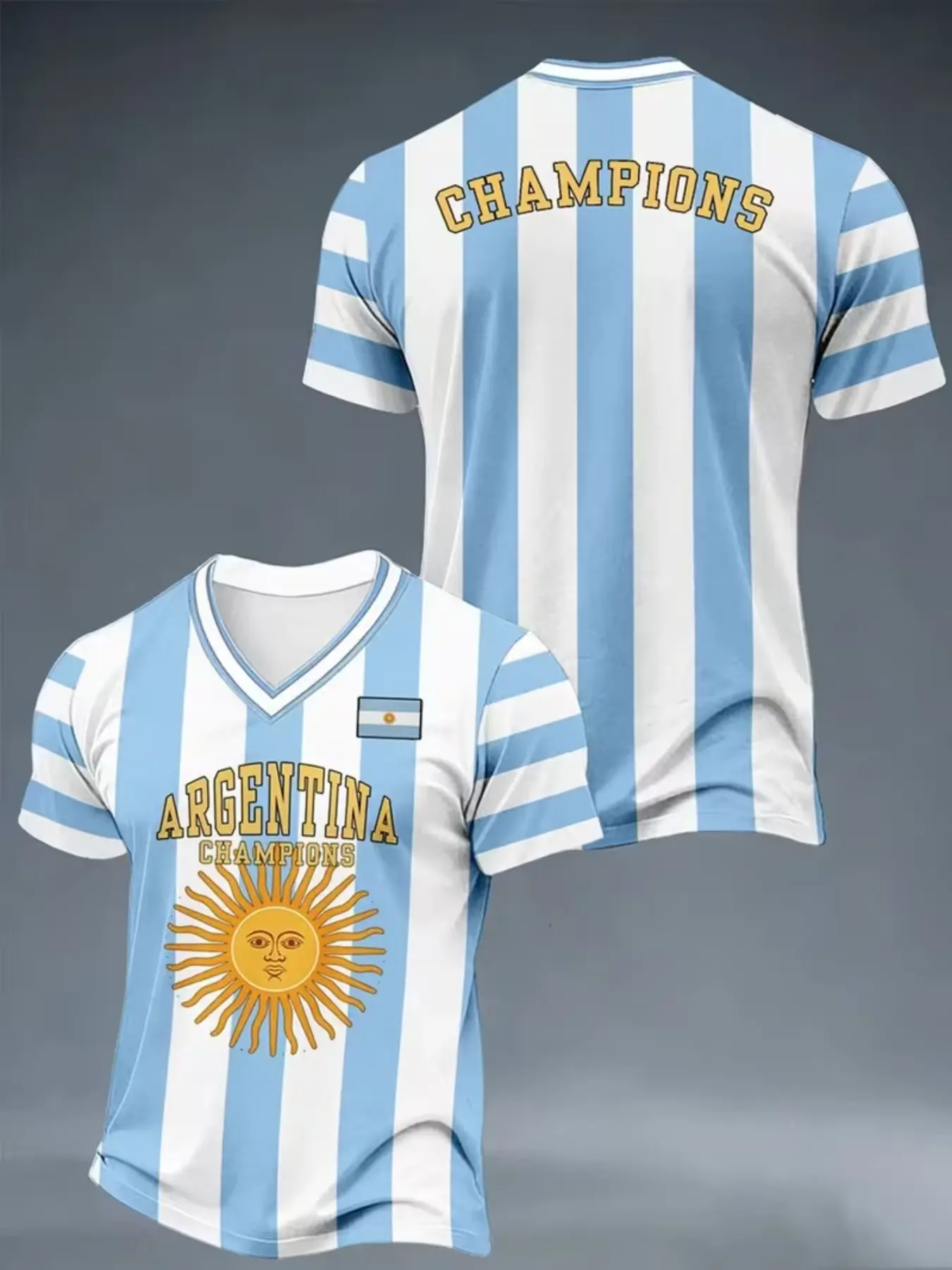 Men's Argentina Champion Sun of May Soccer Shirt, Light Blue Vertical Stripes, V Neck, Letters, All Seasons