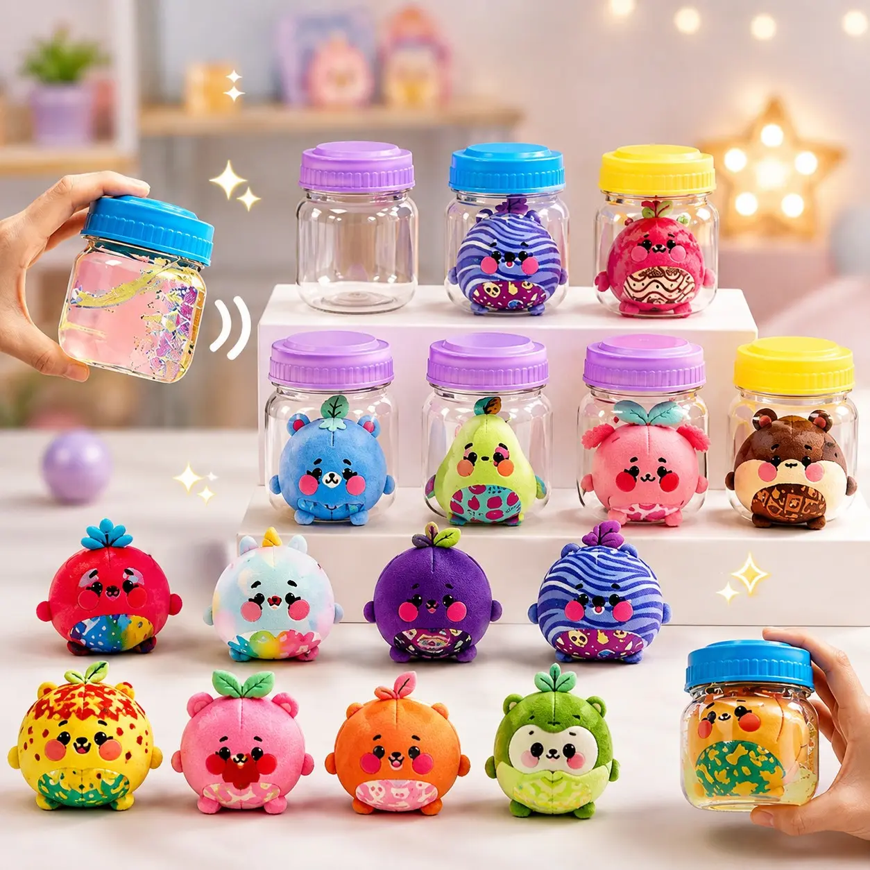 Magic Surprise Jar Random Plush Toys, 16 Cute Collectible Soft Fruit Animal Stuffed Animals, Fun Stress Relief Gift for Boys Girls