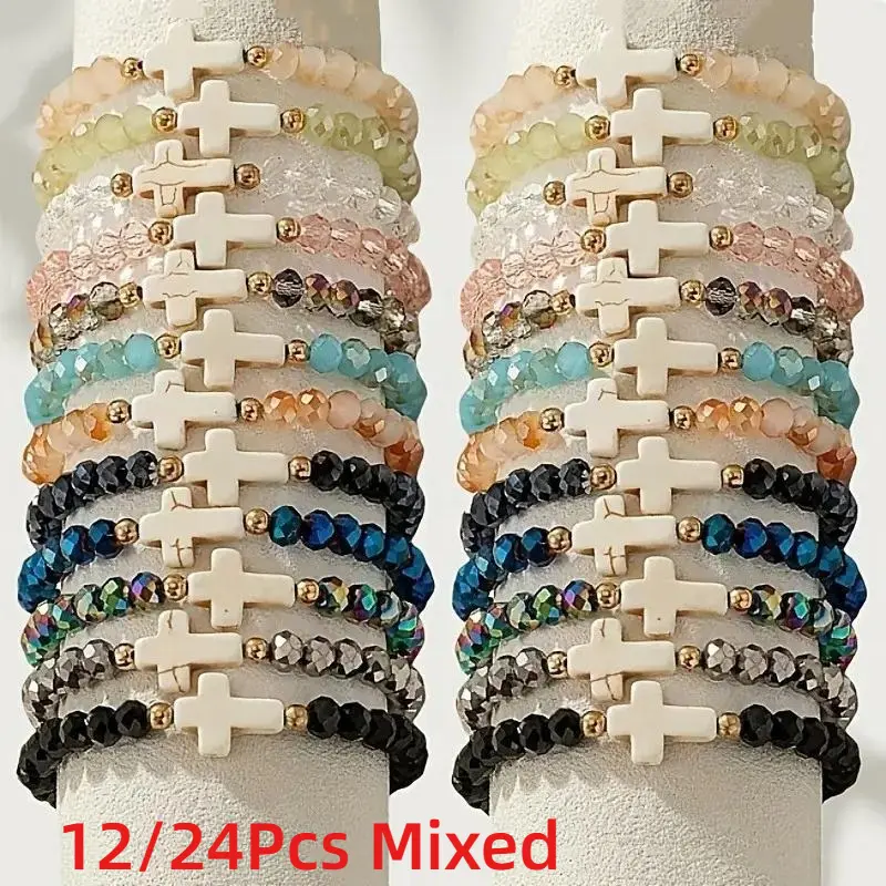 12/24Pcs Mix Multicolor Resin Cross Elastic Bracelets, Vibrant Cross Charm Stretch Bangles, Daily Wear Vacation Holiday Jewelry Gifts For Teenagers
