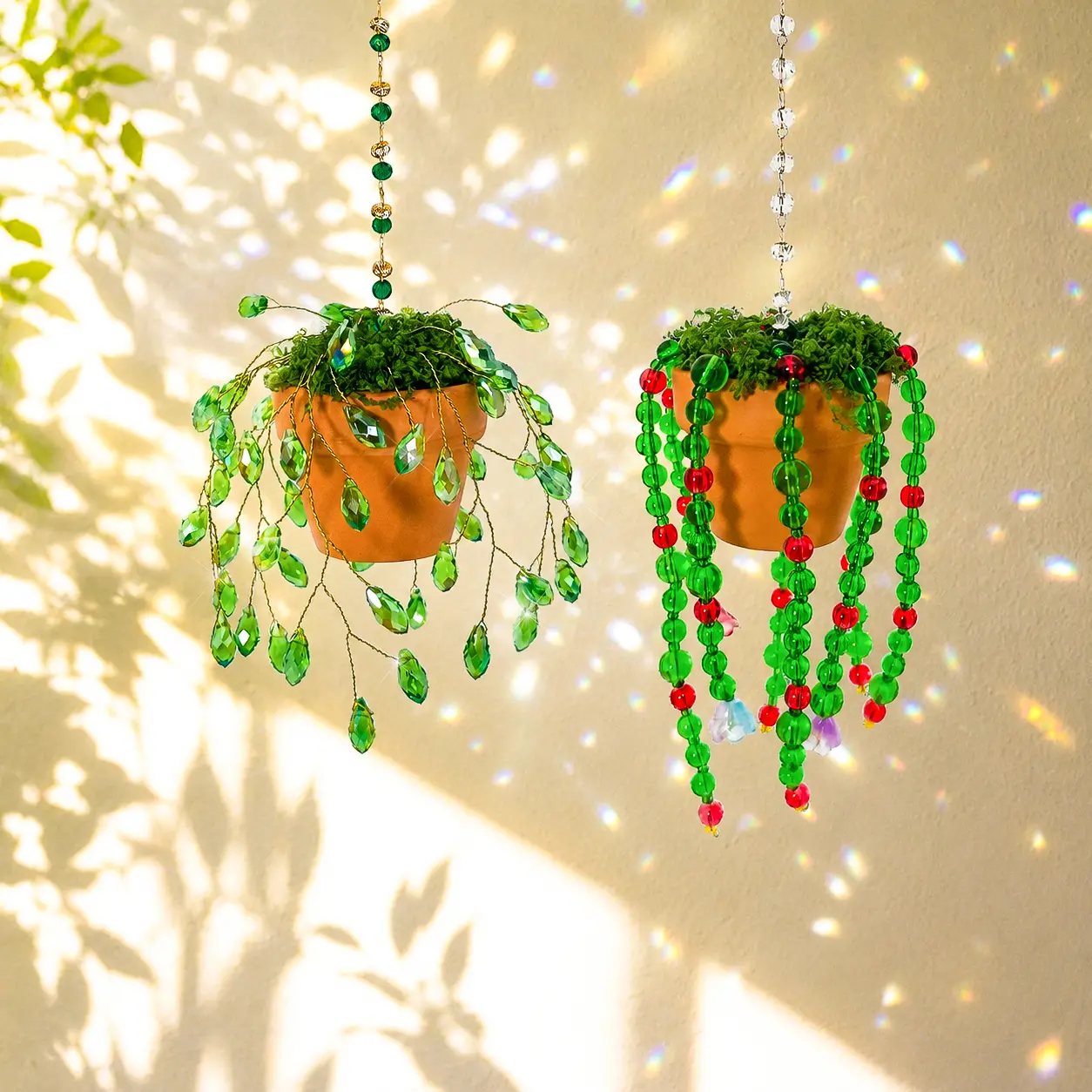 Artistic Handcrafted Glass Beaded Plant Kit with Terracotta Pot - Artistic Handcrafted Design, Stained Glass Hanging Decor, Green Crystal Leaf Flower Beads, Chain, Sunny Window Suncatcher, Single Unit Miniature DIY Home Decor, Traveler Gift, Travelers