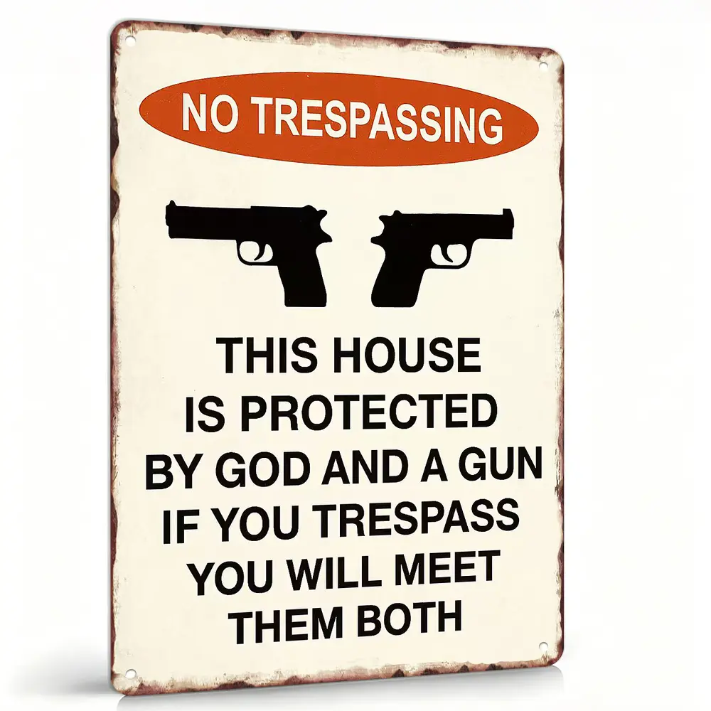 8x12 in Vertical Oval Vintage Orange White Rustic Lightweight Aluminum Metal No Trespassing Sign - God & Dual Pistol Protected, Waterproof Farmhouse Private Property Wall Decor Plaque, Patriotic Christian Home Defense Gift for Yd Gate