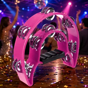 Half Moon Tambourine Double Row Metal Jingles Handheld Percussion Instrument with Ergonomic Grip for Party KTV Music Performance Pink
