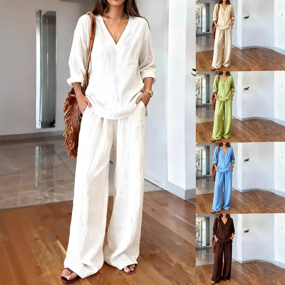 Women's Washed Cotton 2-Piece Set - Relaxed V-Neck Long Sleeve Pullover Top, High-Waisted Wide-Leg Pants, Lightweight Casual Resort Outfit