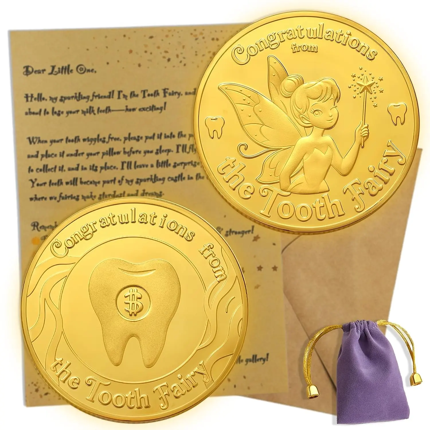 Tooth Fairy Keepsake Kit for Boys & Girls with Golden Coins, Tooth Pouch, and Letter from Tooth Fairy (1pc)Gift