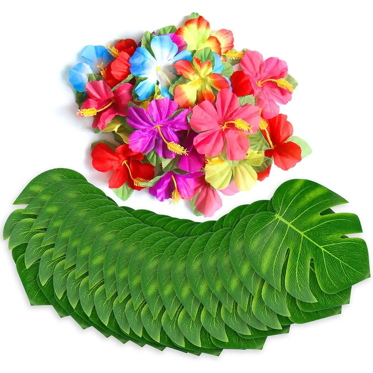 60Pcs Tropical Party Decorations Set - Palm Leaves Hibiscus Flowers Simulation Artificial Leaves for Hawaiian Luau Safari Jungle Beach Theme BBQ Birthday Party Table Decor