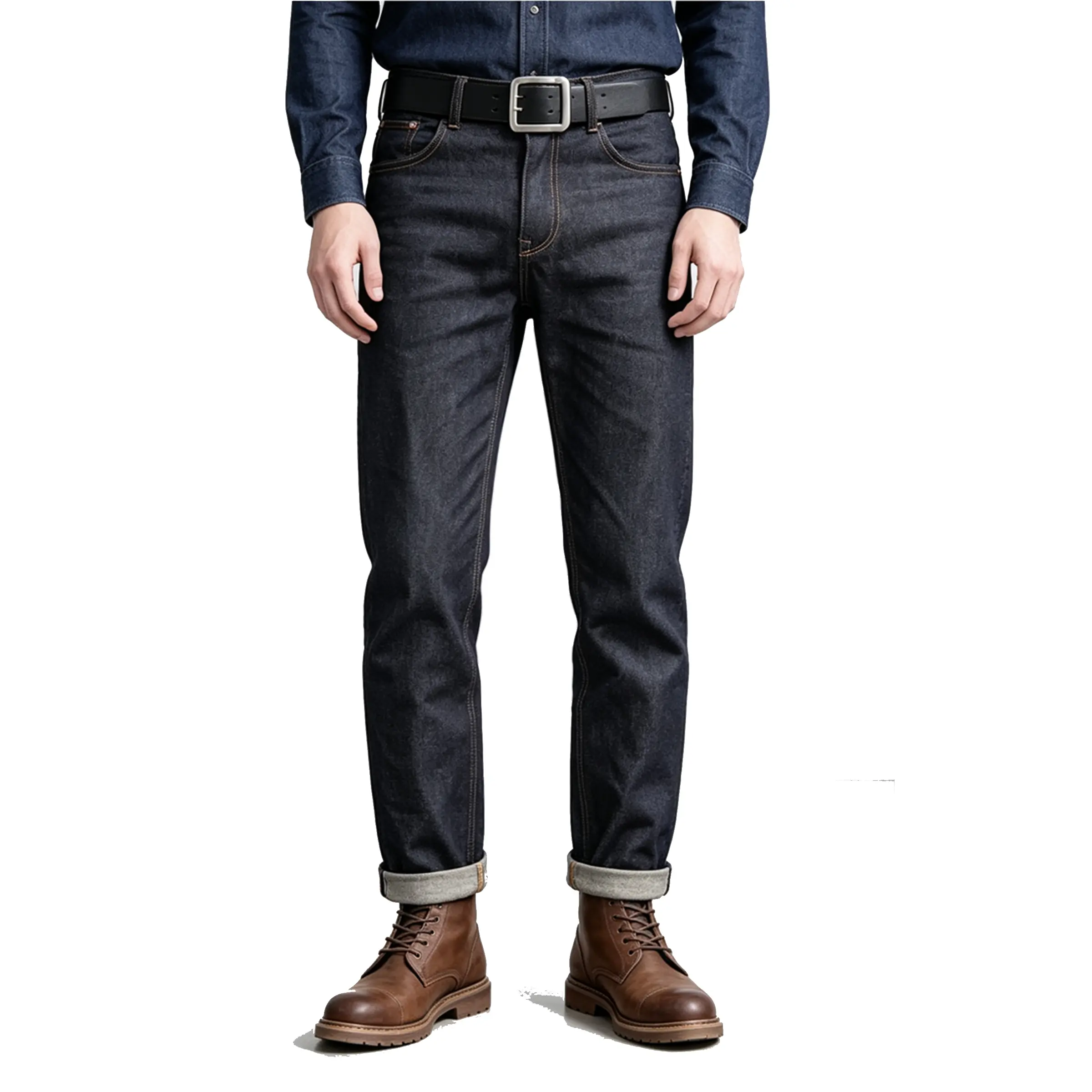 Men's Classic Fit Raw Indigo Selvedge Denim Jeans - Menswear, Plain Fabric, Stylish, Heavyweight Rigid Unwashed Straight Leg, American Vintage Amekaji Casual Workwear Trousers, Hand Wash Compatible, All Seasons