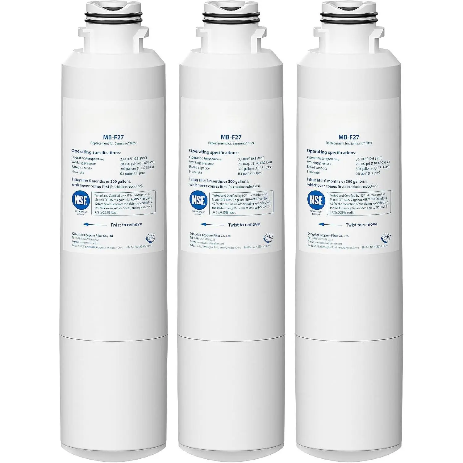 MB-F27  for  HAF-CIN/EXP, DA29-00020B, RF28HMEDBSR/, RF28K9380SR, RF263BEAESR/, RF28JBEDBSG, RF4287HARS, RF28HFEDTSR, DA97-08006A, Refrigerator Water Filter, 3 PACK