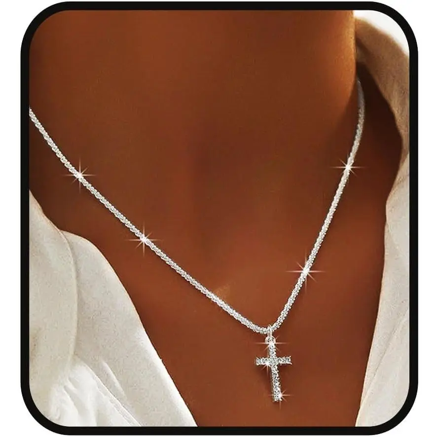Silver Sparkly Necklace Layered Dainty Chain Necklace Silver Cross Pendant Paperclip Necklaces Waterproof Minimalist Jewelry Gifts