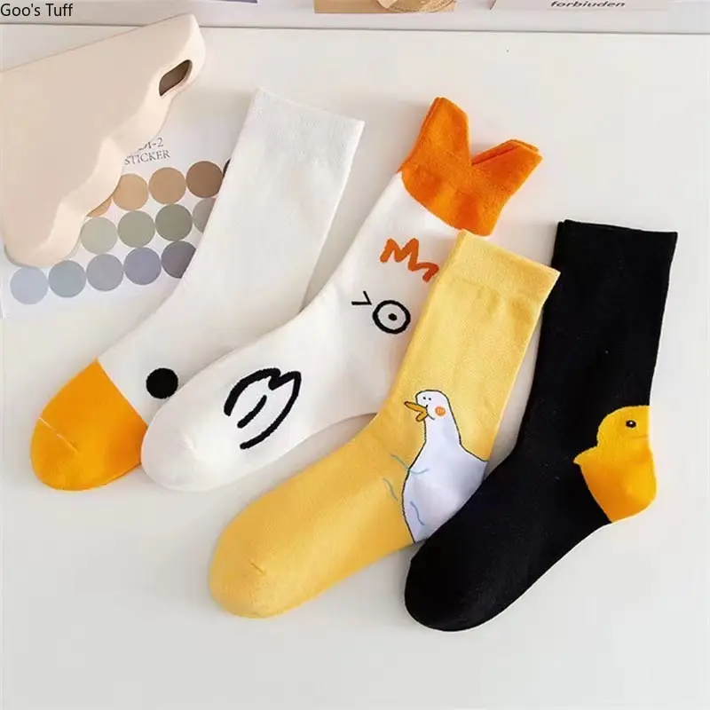 Socks Cartoon Socks 4‑Pairs Set All‑Season New Funny Women Socks Japanese Ins Trendy Big White Goose Yellow Duck Cartoon Mid‑Calf Couple Socks Cute Novelty Hosiery for Daily Wear Home Loungewear Casual Outfit