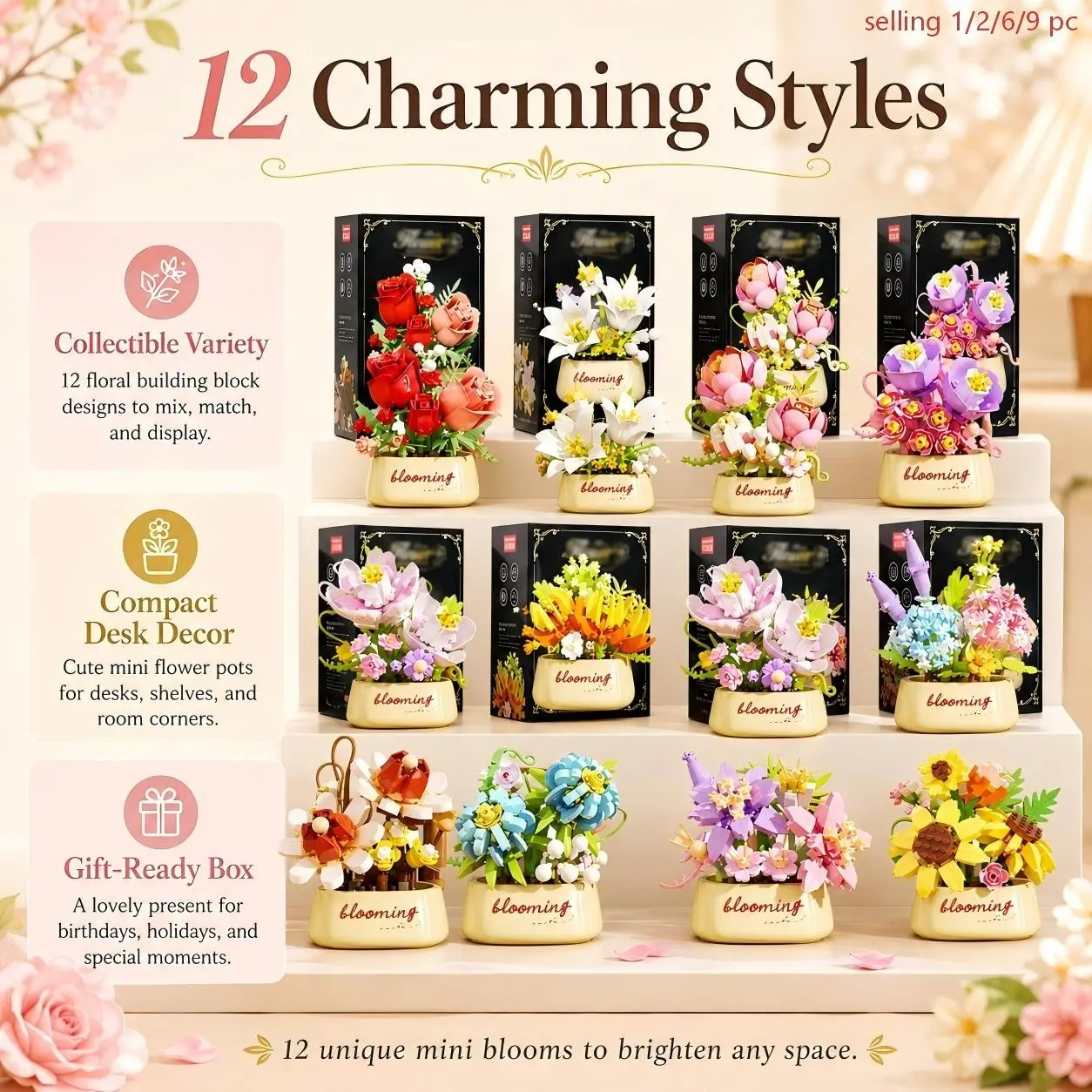 12pc DIY Flower Building Blocks, Elegant Blooming Bouquet Style, Smooth Mini Construction Pieces with Stable Potted Display Base, for Home Office Bedroom Shelf Decor, Holiday Christmas Gift, Creative Building Toy, Trending Collectible, Building Block Sets