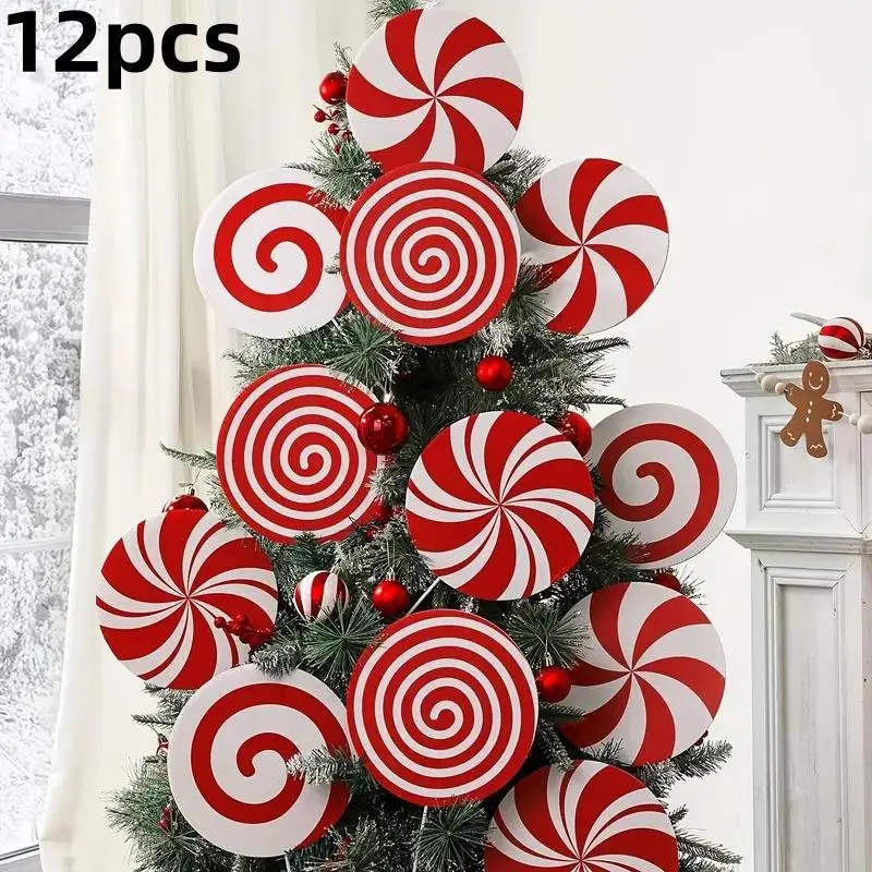 12Pcs Holiday Christmas tree decoration, red and white mint candy bar design, plastic, feather free, non electrical, holiday party decoration, Holiday Ornament, for home and office Christmas tree tops - perfect for Christmas and holidays!