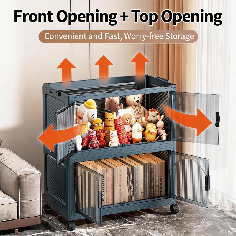 Folding 5 Tier Plastic Storage Bins with Wheels - Stackable Collapsible Storage Containers & Organizers for Daily Use