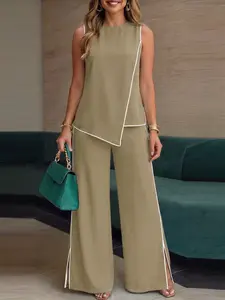 Women's Fashion Colorblock Asymmetrical Sleeveless Vest and Casual Long Pants Set, Two-Piece, European Style Commuter Wear